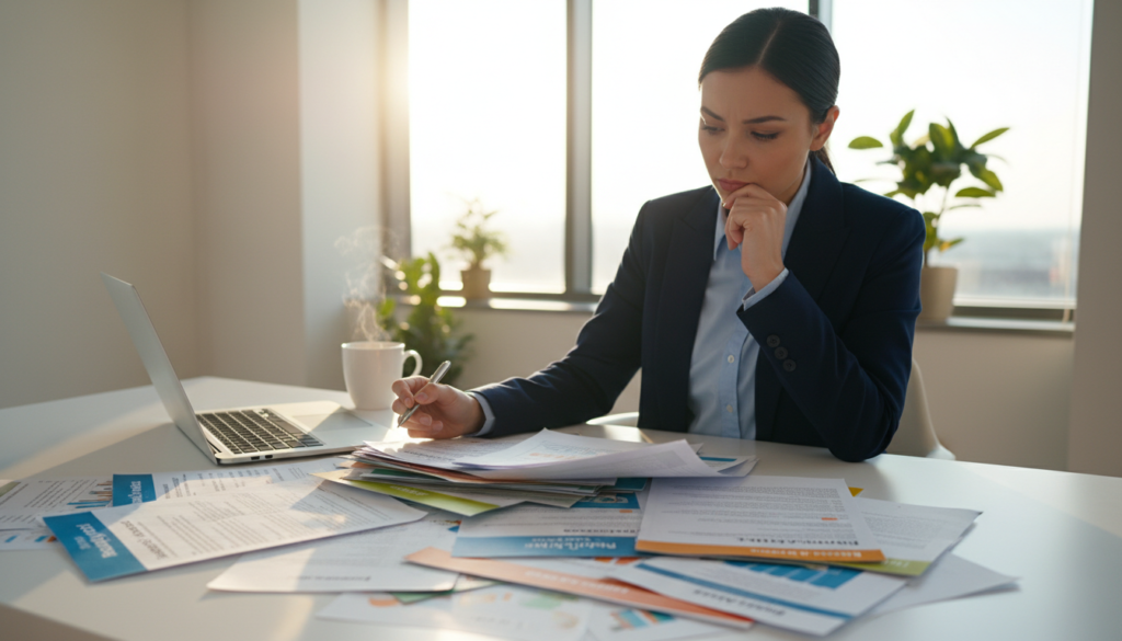 A close-up scene depicting a professional setting where a businessperson, dressed in smart business attire, is reviewing a stack of moving service offers. The foreground shows a neatly organized desk cluttered with colorful brochures and detailed quotes from different moving companies. In the middle ground, a focused individual examines the documents, with a look of contemplation on their face. The background features soft office lighting and a blurred view of a window, implying a bright, sunny day outside. The overall mood should be serious yet optimistic, capturing the essence of decision-making in the moving process. The angle should be slightly above the desk, emphasizing the act of evaluation while keeping the setting professional and clean.