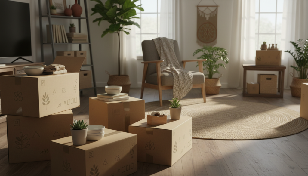 A cozy and sustainable moving scene featuring eco-friendly cardboard boxes, neatly stacked and filled with household items. In the foreground, showcase various sizes of durable, biodegradable moving boxes, adorned with minimalistic, natural designs. The middle ground highlights a well-organized room, with plants and decorative items adding warmth and character, reflecting a sustainable lifestyle. In the background, soft natural lighting pours in through a window, casting gentle shadows that enhance the earthy tones of the boxes and furnishings. The atmosphere is inviting and peaceful, conveying a sense of responsibility toward the environment and the transition of moving sustainably. The composition should evoke a feeling of harmony and thoughtful packing alternatives to single-use boxes. A cozy and sustainable moving scene featuring eco-friendly cardboard boxes, neatly stacked and filled with household items. In the foreground, showcase various sizes of durable, biodegradable moving boxes, adorned with minimalistic, natural designs. The middle ground highlights a well-organized room, with plants and decorative items adding warmth and character, reflecting a sustainable lifestyle. In the background, soft natural lighting pours in through a window, casting gentle shadows that enhance the earthy tones of the boxes and furnishings. The atmosphere is inviting and peaceful, conveying a sense of responsibility toward the environment and the transition of moving sustainably. The composition should evoke a feeling of harmony and thoughtful packing alternatives to single-use boxes.