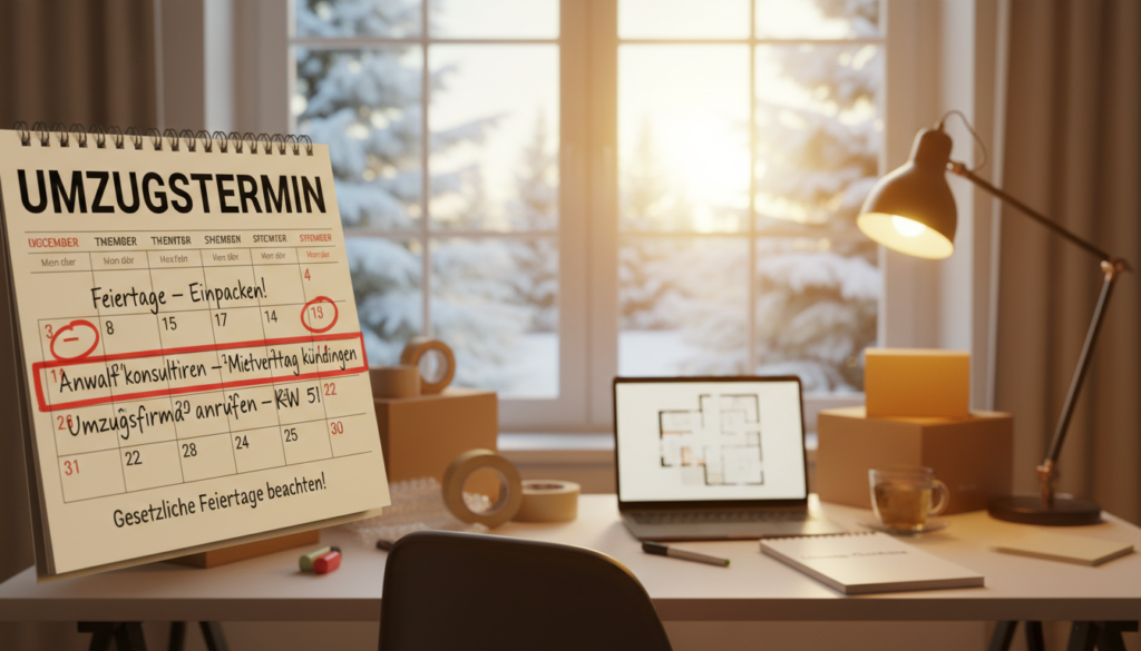 A detailed calendar page titled "Umzugstermin" prominently displayed in the foreground, featuring highlighted dates and important notes about holidays and legal considerations. In the middle ground, a cozy home office setting with a neatly organized desk filled with packing materials, a laptop, and a notepad, suggesting planning for a move. The background shows a window with a soft, warm light filtering through, illuminating a peaceful winter landscape outside. The colors are warm and inviting, enhancing the atmosphere of careful preparation and anticipation. The overall mood is professional yet relaxed, perfect for illustrating the thoughtful process of choosing a moving date during the holiday season.