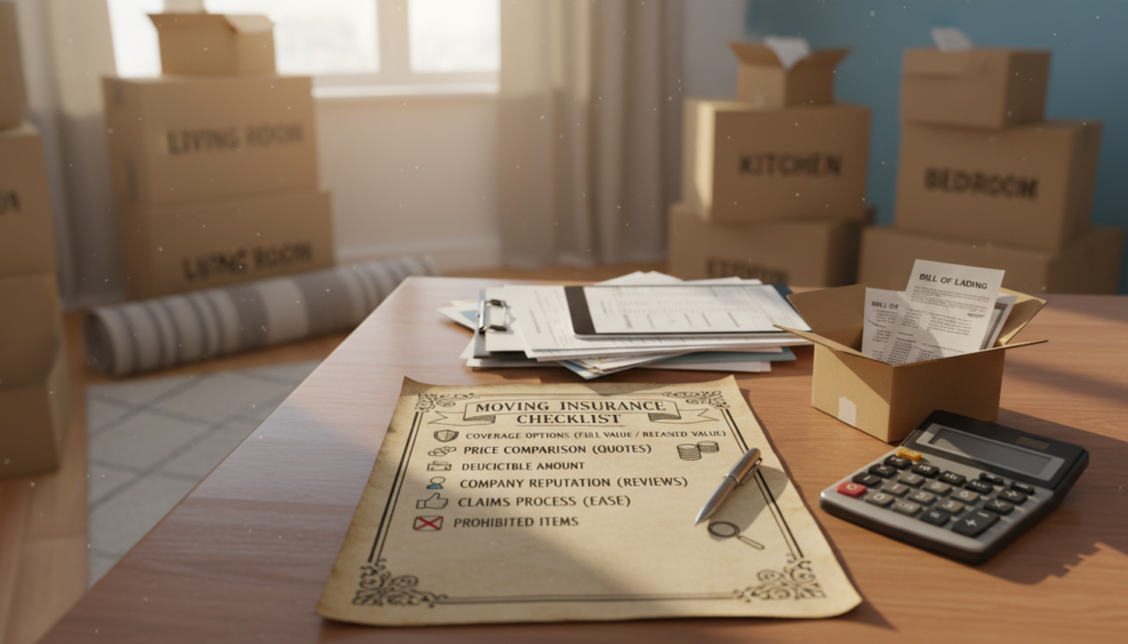A detailed checklist for moving insurance, illustrated artistically. In the foreground, a neatly organized checklist on a wooden desk. The checklist contains bullet points highlighting key factors for choosing moving insurance, like coverage options and price comparison. In the middle, a stack of essential moving documents, including a small cardboard box and a calculator, emphasizing the decision-making process. The background features a softly blurred living room setting with packed boxes ready for moving. Warm natural light filters through a nearby window, creating a welcoming and thoughtful atmosphere. The scene should evoke a sense of preparedness and responsibility. Use a close-up angle to focus on the checklist while still incorporating the surrounding context.