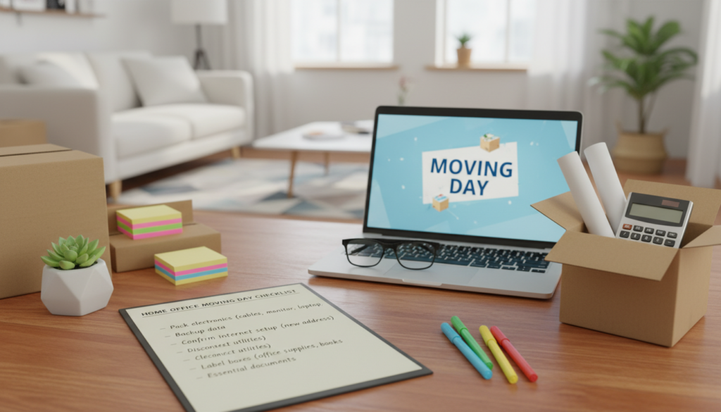 A detailed flat lay image of a moving day checklist focused on a home office setup. In the foreground, a neatly arranged checklist with bullet points, including items like "Pack electronics," "Confirm internet setup," and "Label boxes." The checklist is on a wooden desk adorned with a potted plant and a set of colorful pens. In the middle, a laptop with a "Moving Day" background is visible, partially covered by a few open boxes and office supplies, such as sticky notes and a calculator. In the background, soft natural light streams through a window, illuminating a blurred living room scene with minimalistic décor. The mood is organized and calm, emphasizing a smooth transition to a new workspace. A detailed flat lay image of a moving day checklist focused on a home office setup. In the foreground, a neatly arranged checklist with bullet points, including items like "Pack electronics," "Confirm internet setup," and "Label boxes." The checklist is on a wooden desk adorned with a potted plant and a set of colorful pens. In the middle, a laptop with a "Moving Day" background is visible, partially covered by a few open boxes and office supplies, such as sticky notes and a calculator. In the background, soft natural light streams through a window, illuminating a blurred living room scene with minimalistic décor. The mood is organized and calm, emphasizing a smooth transition to a new workspace.