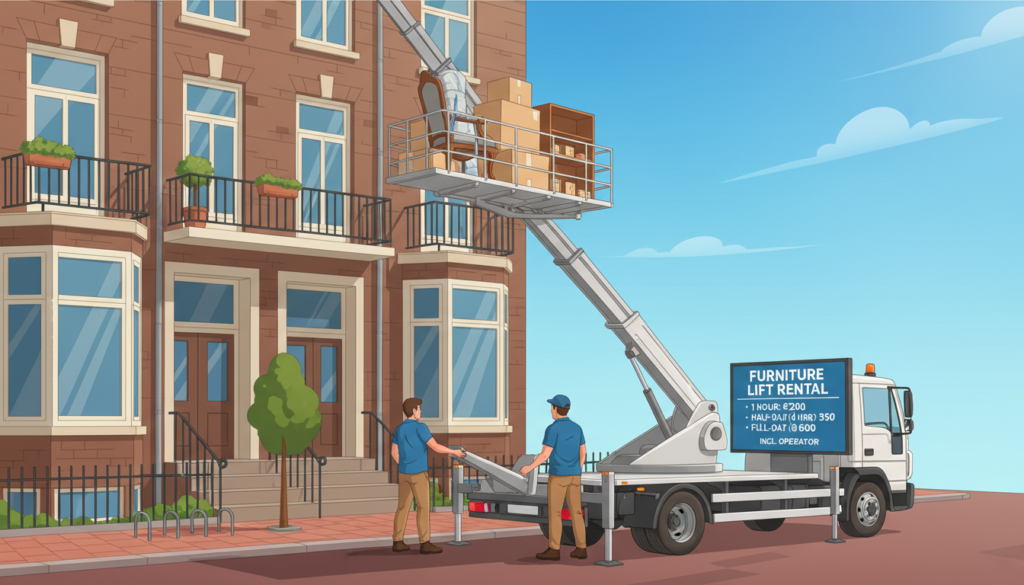 A detailed illustration of a furniture lift in action, showcasing various examples of rental prices. In the foreground, a well-maintained, modern furniture lift is prominently displayed, with boxes and furniture being carefully loaded inside by two professional movers dressed in smart casual attire. The middle ground features a cozy urban apartment building, indicating a typical residential setting. In the background, a clear blue sky complements the scene. Soft, natural lighting casts gentle shadows, enhancing the depth of the image. The overall atmosphere is informative yet inviting, emphasizing practicality and professionalism, with a focus on the efficient movement of furniture. The angle is slightly elevated, providing a comprehensive view of the lift operation and surroundings. A detailed illustration of a furniture lift in action, showcasing various examples of rental prices. In the foreground, a well-maintained, modern furniture lift is prominently displayed, with boxes and furniture being carefully loaded inside by two professional movers dressed in smart casual attire. The middle ground features a cozy urban apartment building, indicating a typical residential setting. In the background, a clear blue sky complements the scene. Soft, natural lighting casts gentle shadows, enhancing the depth of the image. The overall atmosphere is informative yet inviting, emphasizing practicality and professionalism, with a focus on the efficient movement of furniture. The angle is slightly elevated, providing a comprehensive view of the lift operation and surroundings.