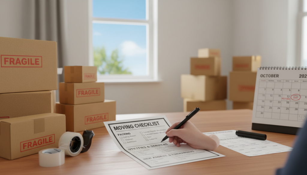 A detailed "moving checklist" concept, displayed prominently on a desk, featuring neatly organized items like boxes, tape, labels, and a calendar. In the foreground, a close-up of a hand holding a pen, poised over the checklist, emphasizing the act of planning. The middle ground includes the checklist itself, with clearly visible sections for different tasks—packing, utilities, and new address updates—laid out neatly. Soft natural lighting illuminates the scene, creating a warm and inviting atmosphere. In the background, a light-filled room suggests a home in transition, with packed boxes against a wall and a window showing a clear sky, enhancing the feeling of new beginnings. The overall mood is focused, motivational, and forward-looking.