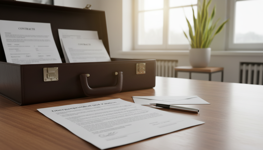 A detailed scene showcasing a "Übergabeprotokoll und Kaution" on a wooden desk in a well-lit office setting, emphasizing a sense of professionalism and clarity. In the foreground, there are neatly arranged documents, including a rental handover protocol with a shiny pen resting beside it. The middle ground features a polished briefcase partially open, revealing more paperwork about rental agreements and deposits. The background includes a window with soft natural light streaming in, illuminating the room and creating a warm, inviting atmosphere. A potted plant adds a touch of greenery, enhancing the professional aesthetic. The scene conveys a serious yet approachable mood, ideal for a discussion about post-termination rental processes.
