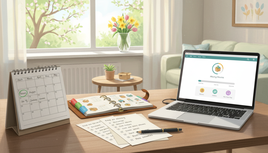 A detailed, visually appealing illustration of a spring moving timeline, featuring a step-by-step plan. In the foreground, a well-organized desk with a calendar open to spring months, scattered papers with a checklist, and a laptop displaying a moving app. In the middle, a planner with color-coded tabs indicating tasks like packing, hiring movers, and setting up utilities. The background depicts a bright, sunny room with fresh flowers and a window showing trees with budding leaves, symbolizing spring. Soft, natural lighting creates a warm and optimistic atmosphere, suggesting readiness and excitement for the move. Use a slightly elevated angle to give a comprehensive view of the scene, ensuring clarity and focus on the planning concept. A detailed, visually appealing illustration of a spring moving timeline, featuring a step-by-step plan. In the foreground, a well-organized desk with a calendar open to spring months, scattered papers with a checklist, and a laptop displaying a moving app. In the middle, a planner with color-coded tabs indicating tasks like packing, hiring movers, and setting up utilities. The background depicts a bright, sunny room with fresh flowers and a window showing trees with budding leaves, symbolizing spring. Soft, natural lighting creates a warm and optimistic atmosphere, suggesting readiness and excitement for the move. Use a slightly elevated angle to give a comprehensive view of the scene, ensuring clarity and focus on the planning concept.