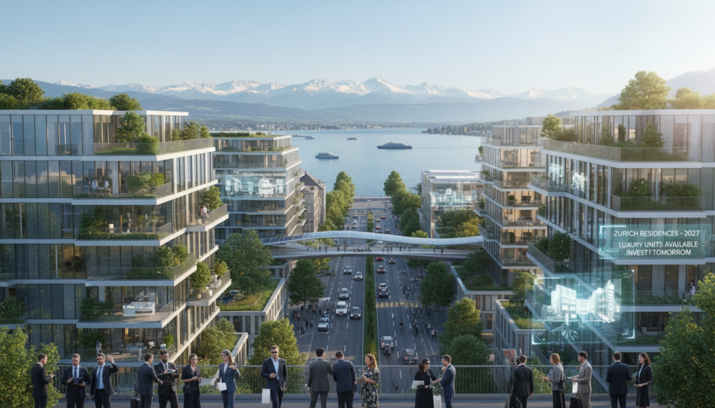 A futuristic skyline of Zurich demonstrating the housing market trends anticipated post-2026. In the foreground, elegant modern apartment buildings with large glass facades reflect the city’s ongoing urban development. The middle ground features a bustling street with diverse people in professional business attire, engaged in discussions or viewing properties, symbolizing market activity. The background reveals the iconic Zurich lake and distant snow-capped mountains under a bright, clear sky, evoking a sense of optimism and growth. Use soft, natural lighting to highlight the architecture, and capture the scene from a slightly elevated angle, suggesting a panoramic view of the city’s real estate landscape. The overall mood is hopeful and dynamic, reflecting the future of the Zurich housing market. A futuristic skyline of Zurich demonstrating the housing market trends anticipated post-2026. In the foreground, elegant modern apartment buildings with large glass facades reflect the city’s ongoing urban development. The middle ground features a bustling street with diverse people in professional business attire, engaged in discussions or viewing properties, symbolizing market activity. The background reveals the iconic Zurich lake and distant snow-capped mountains under a bright, clear sky, evoking a sense of optimism and growth. Use soft, natural lighting to highlight the architecture, and capture the scene from a slightly elevated angle, suggesting a panoramic view of the city’s real estate landscape. The overall mood is hopeful and dynamic, reflecting the future of the Zurich housing market.