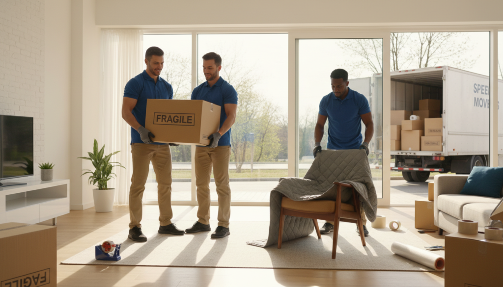 A group of professional movers actively working in a well-lit, modern living room, showcasing their teamwork and efficiency. In the foreground, two movers in smart casual attire carefully lift a large cardboard box, while another mover is wrapping a piece of furniture in protective padding. The middle layer features an organized moving truck parked outside the house, with partially filled boxes and furniture, suggesting a busy moving day. In the background, large windows allow warm spring sunlight to flood in, illuminating the scene and creating a cheerful atmosphere. The composition captures a dynamic, professional environment filled with a sense of collaboration and determination, emphasizing the importance of skilled movers in a relocation process. A group of professional movers actively working in a well-lit, modern living room, showcasing their teamwork and efficiency. In the foreground, two movers in smart casual attire carefully lift a large cardboard box, while another mover is wrapping a piece of furniture in protective padding. The middle layer features an organized moving truck parked outside the house, with partially filled boxes and furniture, suggesting a busy moving day. In the background, large windows allow warm spring sunlight to flood in, illuminating the scene and creating a cheerful atmosphere. The composition captures a dynamic, professional environment filled with a sense of collaboration and determination, emphasizing the importance of skilled movers in a relocation process.