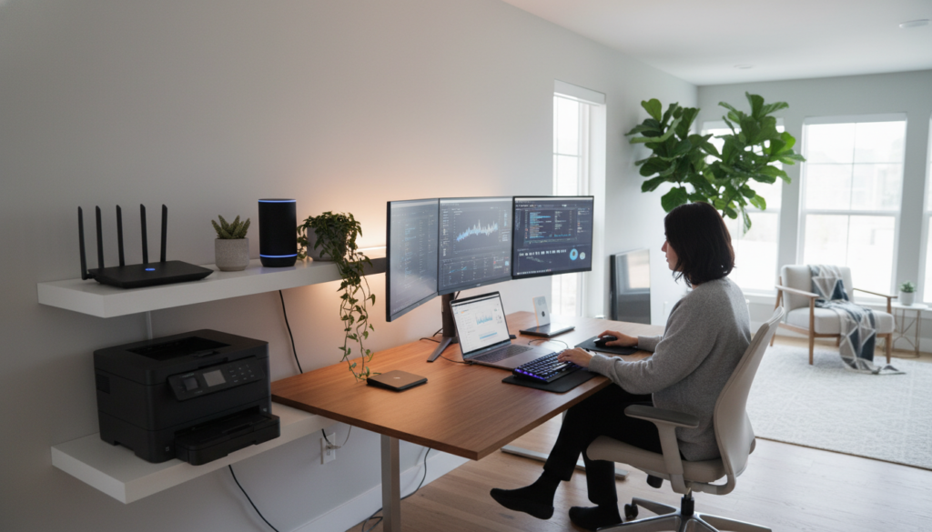 A modern home office setup showcasing advanced technical infrastructure. In the foreground, a sleek desk features multiple monitors displaying data analytics, a professional laptop, and ergonomic accessories. A stylish, modestly dressed individual sits attentively, engaged in work. In the middle ground, an array of smart devices nestles on shelves, including a high-quality printer, a WiFi router with signal indicators, and a smart speaker. The background illustrates a bright, minimalist room adorned with plants and soft, ambient lighting, creating a calm atmosphere. The scene is shot with a wide-angle lens to capture the spacious layout, emphasizing both functionality and comfort. The overall mood is productive and tech-savvy, devoid of clutter, perfect for an efficient home office environment. A modern home office setup showcasing advanced technical infrastructure. In the foreground, a sleek desk features multiple monitors displaying data analytics, a professional laptop, and ergonomic accessories. A stylish, modestly dressed individual sits attentively, engaged in work. In the middle ground, an array of smart devices nestles on shelves, including a high-quality printer, a WiFi router with signal indicators, and a smart speaker. The background illustrates a bright, minimalist room adorned with plants and soft, ambient lighting, creating a calm atmosphere. The scene is shot with a wide-angle lens to capture the spacious layout, emphasizing both functionality and comfort. The overall mood is productive and tech-savvy, devoid of clutter, perfect for an efficient home office environment.