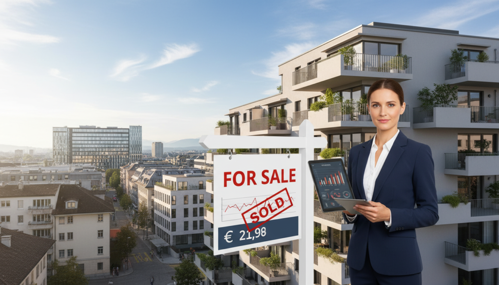 A modern real estate scene illustrating the concept of "optimal price for property sale." In the foreground, a professional real estate agent, dressed in smart business attire, stands confidently beside a "For Sale" sign with a price tag visibly indicating a successful transaction. The agent holds a tablet displaying housing data. In the middle ground, a stylish apartment building with balconies overlooks a vibrant cityscape of Zurich, showcasing modern architecture. The background features a clear blue sky dotted with light clouds, symbolizing optimism and opportunity. Soft sunlight bathes the scene, enhancing the warm, inviting atmosphere. The overall mood reflects professionalism and success in navigating the real estate market. A modern real estate scene illustrating the concept of "optimal price for property sale." In the foreground, a professional real estate agent, dressed in smart business attire, stands confidently beside a "For Sale" sign with a price tag visibly indicating a successful transaction. The agent holds a tablet displaying housing data. In the middle ground, a stylish apartment building with balconies overlooks a vibrant cityscape of Zurich, showcasing modern architecture. The background features a clear blue sky dotted with light clouds, symbolizing optimism and opportunity. Soft sunlight bathes the scene, enhancing the warm, inviting atmosphere. The overall mood reflects professionalism and success in navigating the real estate market.