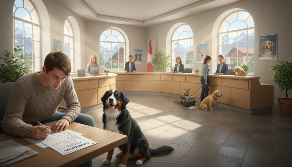 A picturesque scene illustrating the concept of registering a dog in a Swiss municipality. In the foreground, a happy dog, possibly a Bernese Mountain Dog, sits obediently next to its owner who is filling out forms at a municipal office. The owner, a casually dressed young adult, looks focused and responsible. In the middle ground, a reception desk shows administrative staff assisting other pet owners. The background features a bright, inviting interior of a Swiss Gemeinde, with light streaming in through large windows, casting soft shadows. The mood is diligent yet warm, emphasizing the sense of community and the importance of following administrative duties after relocating with pets. The composition should evoke a sense of responsibility and care for animals in a new environment.