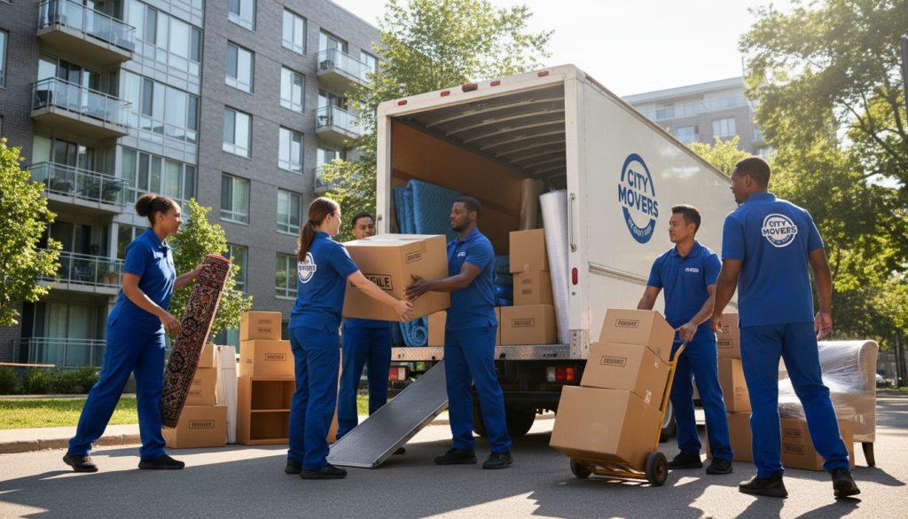 A professional moving company scene in an urban setting during daylight. In the foreground, a diverse team of movers, dressed in branded uniforms, is carefully loading boxes onto a van. The movers display teamwork, showcasing a variety of boxes, furniture, and moving equipment. In the middle ground, the moving truck is visibly parked, with its doors open, revealing padded blankets and packing materials inside. The background features a city apartment building, semi-modern architecture, and some greenery like trees. Bright and natural lighting bathes the scene, creating a cheerful and energetic atmosphere. The angle is slightly low to emphasize the action and professionalism of the moving team.