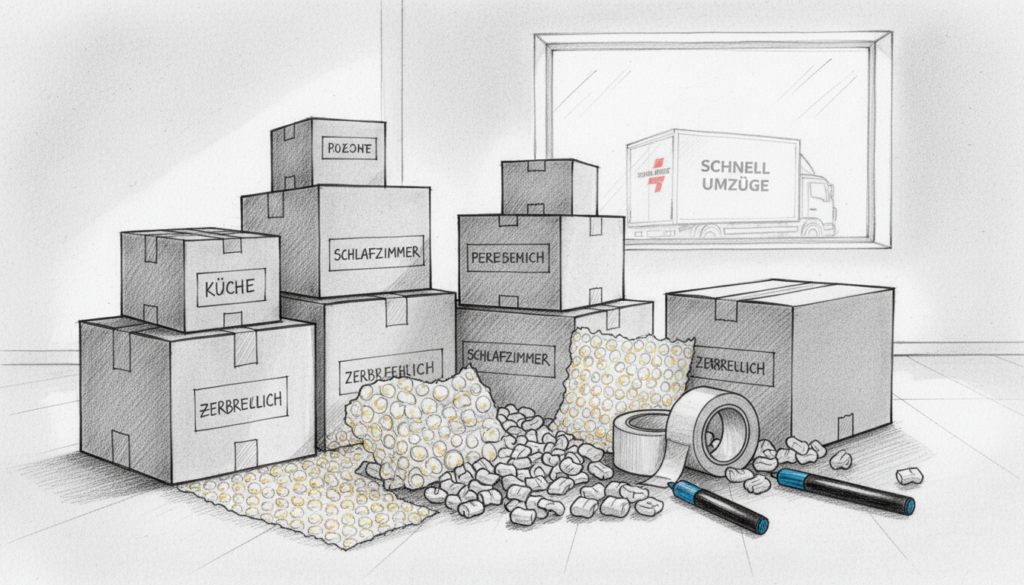 A professional moving supply setup in a modern, well-lit room, showcasing an array of packing materials. In the foreground, neatly stacked cardboard boxes of various sizes are labeled and securely taped. Next to them, bubble wrap and packing peanuts are scattered artistically, emphasizing the protection they offer. In the middle ground, there are rolls of sturdy packing tape and marker pens for labeling. In the background, a moving truck can be seen through a large window, hinting at an organized moving process. The image is in pencil-black and white, with selective color accents highlighting the packing supplies, creating a dynamic yet professional atmosphere. The lighting is soft but bright, giving a sense of efficiency and readiness for a move.