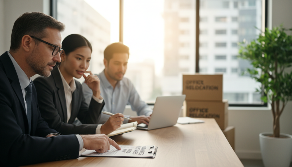 A professional office scene depicting a diverse group of well-dressed individuals engaged in a discussion about moving costs. In the foreground, a middle-aged man with glasses is pointing at a checklist titled "Common Mistakes to Avoid" laid out on a table. Beside him, a young woman, nodding in agreement, holds a pen and a notepad. In the middle ground, another colleague is reviewing documents on a laptop, while a large window in the background lets in soft, warm sunlight, creating a welcoming atmosphere. The background features neatly arranged moving boxes and a potted plant, suggesting a transition phase. The image should convey a mood of collaboration, focus, and professionalism, with a clean and organized composition. A professional office scene depicting a diverse group of well-dressed individuals engaged in a discussion about moving costs. In the foreground, a middle-aged man with glasses is pointing at a checklist titled "Common Mistakes to Avoid" laid out on a table. Beside him, a young woman, nodding in agreement, holds a pen and a notepad. In the middle ground, another colleague is reviewing documents on a laptop, while a large window in the background lets in soft, warm sunlight, creating a welcoming atmosphere. The background features neatly arranged moving boxes and a potted plant, suggesting a transition phase. The image should convey a mood of collaboration, focus, and professionalism, with a clean and organized composition.