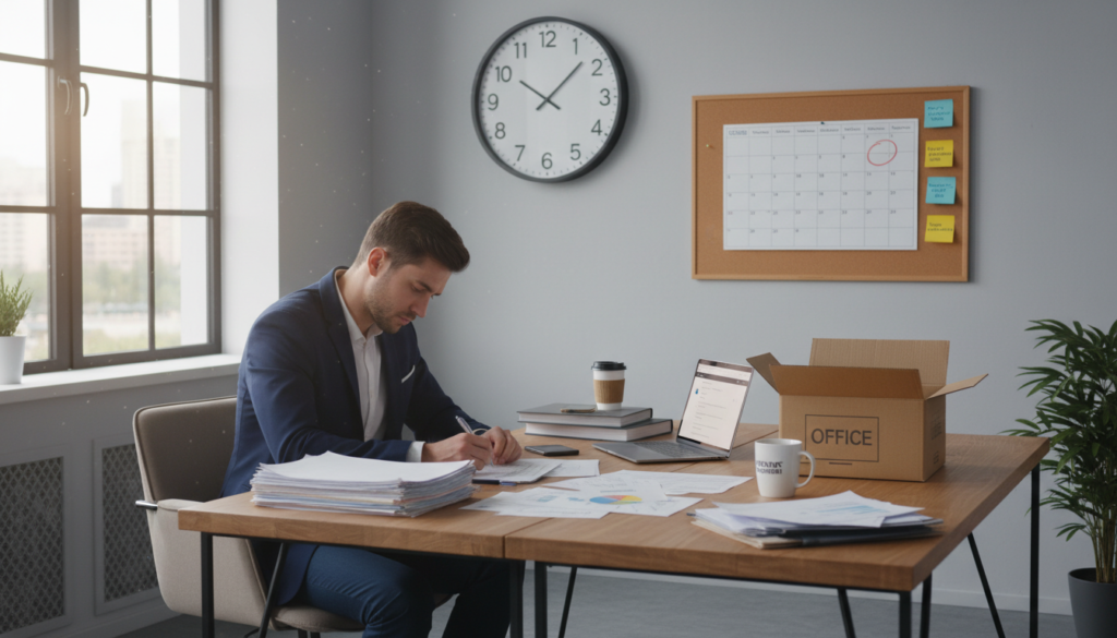 A professional office setting illustrating the concept of "Address Change and Administrative Tasks During a Move." In the foreground, a focused individual in smart business attire sits at a desk, reviewing documents and filling out forms related to address changes. Papers and a laptop are scattered on the desk, reflecting an organized chaos. The middle ground features a calendar with the week marked prominently, along with sticky notes and a coffee cup, emphasizing planning and time management. In the background, a wall clock shows the time ticking away, symbolizing deadlines. Soft, natural lighting filters through a window, creating a calm, productive atmosphere, captured from a slightly elevated angle to provide depth. A professional office setting illustrating the concept of "Address Change and Administrative Tasks During a Move." In the foreground, a focused individual in smart business attire sits at a desk, reviewing documents and filling out forms related to address changes. Papers and a laptop are scattered on the desk, reflecting an organized chaos. The middle ground features a calendar with the week marked prominently, along with sticky notes and a coffee cup, emphasizing planning and time management. In the background, a wall clock shows the time ticking away, symbolizing deadlines. Soft, natural lighting filters through a window, creating a calm, productive atmosphere, captured from a slightly elevated angle to provide depth.