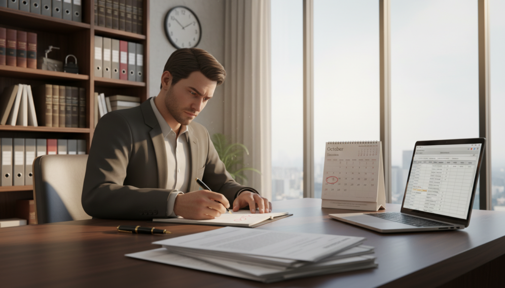 A professional office setting showing a well-dressed individual seated at a desk with a calendar and clock, deeply focused on calculating the end date of a rental agreement. The foreground features neatly arranged papers, a pen, and a laptop displaying a spreadsheet. In the middle, the person is engaged in writing on a notepad with important dates highlighted. The background consists of a large window letting in soft natural light, casting gentle shadows, and a bookshelf filled with relevant legal books. The atmosphere is serious yet organized, symbolizing clarity and diligence in calculating deadlines related to lease termination.