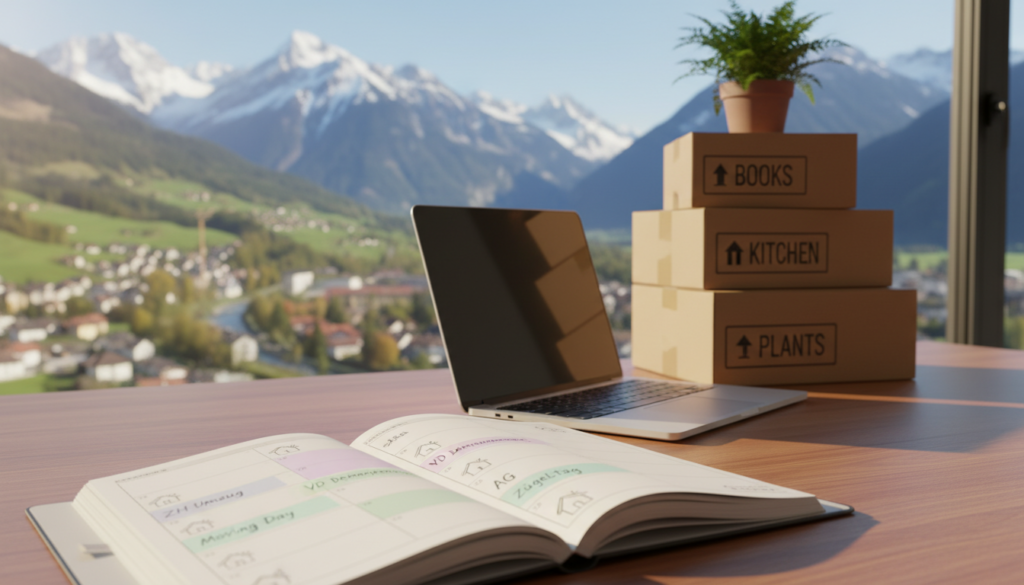 A serene and organized scene depicting a Swiss calendar marked with canton-specific moving dates. In the foreground, a carefully placed open planner displays highlighted moving dates in pastel colors, with gentle shadows. In the middle, a cozy workspace features a laptop and moving boxes, symbolizing preparation for a move, bathed in soft, natural light. The background showcases a panoramic view of Swiss mountains and picturesque landscapes through a large window, hinting at different cantons. The atmosphere is calm and organized, conveying a sense of thoughtful planning and cost control. The lighting is warm, evoking a sense of clarity and focus, with a depth of field that draws attention to the planner.