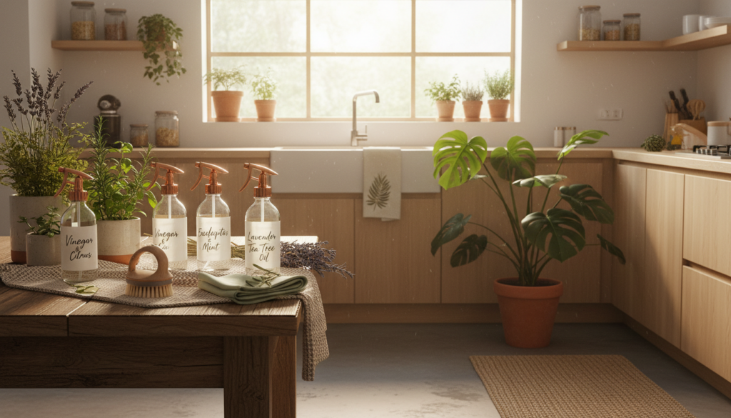 A serene kitchen setting filled with natural light, emphasizing ecological cleaning products. In the foreground, a wooden table showcases stylish, glass spray bottles labeled with natural ingredients like vinegar and essential oils, plants and herbs placed artistically around them. The middle ground features a green potted plant and a cloth made from sustainable materials, while rays of sunlight stream through a window, creating a warm, inviting atmosphere. Eco-friendly cleaning utensils—like a bamboo brush and microfiber cloths—are neatly arranged nearby. In the background, a glimpse of a clean, organized kitchen with natural wood cabinetry and potted herbs highlights a commitment to sustainability. The mood is fresh, uplifting, and environmentally conscious, capturing the essence of ecological cleaning methods in a modern home. A serene kitchen setting filled with natural light, emphasizing ecological cleaning products. In the foreground, a wooden table showcases stylish, glass spray bottles labeled with natural ingredients like vinegar and essential oils, plants and herbs placed artistically around them. The middle ground features a green potted plant and a cloth made from sustainable materials, while rays of sunlight stream through a window, creating a warm, inviting atmosphere. Eco-friendly cleaning utensils—like a bamboo brush and microfiber cloths—are neatly arranged nearby. In the background, a glimpse of a clean, organized kitchen with natural wood cabinetry and potted herbs highlights a commitment to sustainability. The mood is fresh, uplifting, and environmentally conscious, capturing the essence of ecological cleaning methods in a modern home.