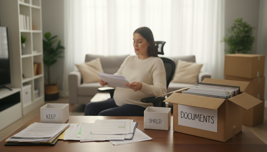 A spacious and organized home office filled with various documents and moving boxes. In the foreground, a neatly arranged desk displays important papers such as contracts, healthcare documents, and checklists for moving. A stylish, overflowing box labeled "Documents" sits beside it. The middle ground features a calm, expectant individual in professional casual attire, thoughtfully organizing papers and selecting what to keep. In the background, a cozy living space with soft, natural lighting spills in through a window, illuminating the scene with a warm glow. The overall atmosphere is focused and serene, conveying the importance of organization during a move, especially in pregnancy. The image is captured in soft focus, emphasizing the individual's attentive expression as they prepare for the transition. A spacious and organized home office filled with various documents and moving boxes. In the foreground, a neatly arranged desk displays important papers such as contracts, healthcare documents, and checklists for moving. A stylish, overflowing box labeled "Documents" sits beside it. The middle ground features a calm, expectant individual in professional casual attire, thoughtfully organizing papers and selecting what to keep. In the background, a cozy living space with soft, natural lighting spills in through a window, illuminating the scene with a warm glow. The overall atmosphere is focused and serene, conveying the importance of organization during a move, especially in pregnancy. The image is captured in soft focus, emphasizing the individual's attentive expression as they prepare for the transition.
