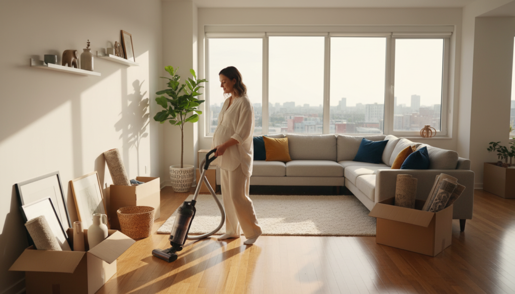 A spacious, well-lit apartment interior in the foreground, showcasing a pregnant woman dressed in comfortable, modest clothing, meticulously cleaning and arranging home decor. She is using a vacuum cleaner on a polished wooden floor, surrounded by boxes being unpacked. In the middle, there's a cozy living area with a light gray couch, colorful throw pillows, and a large potted plant that adds a touch of nature. In the background, large windows allow warm, natural light to flood the room, highlighting the fresh, inviting atmosphere. The overall mood is peaceful and uplifting, embodying a sense of preparing a nurturing environment. The angle captures the warmth of the space while emphasizing the woman's careful attention to detail. A spacious, well-lit apartment interior in the foreground, showcasing a pregnant woman dressed in comfortable, modest clothing, meticulously cleaning and arranging home decor. She is using a vacuum cleaner on a polished wooden floor, surrounded by boxes being unpacked. In the middle, there's a cozy living area with a light gray couch, colorful throw pillows, and a large potted plant that adds a touch of nature. In the background, large windows allow warm, natural light to flood the room, highlighting the fresh, inviting atmosphere. The overall mood is peaceful and uplifting, embodying a sense of preparing a nurturing environment. The angle captures the warmth of the space while emphasizing the woman's careful attention to detail.