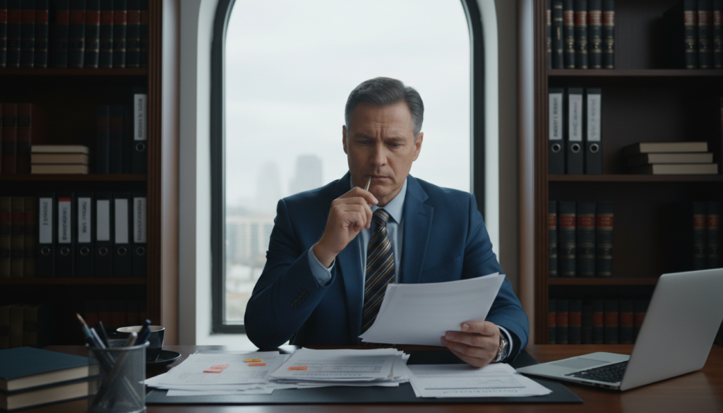 A thoughtful scene depicting a landlord's decision-making process, focusing on the theme of approval or rejection. In the foreground, a middle-aged landlord in professional attire sits at an elegant wooden desk, looking contemplative as he reviews rental applications. His expression reflects uncertainty, with papers scattered across the desk. In the middle ground, a large window reveals a cloudy sky, casting soft, diffused light into the room, creating a tense atmosphere. The background features a well-organized bookshelf filled with legal books and rental policies, suggesting the importance of the decision. The mood is serious yet pensive, capturing the tension of navigating tenant approvals. Use a subtle depth of field to emphasize the landlord while slightly blurring the bookshelf in the background.