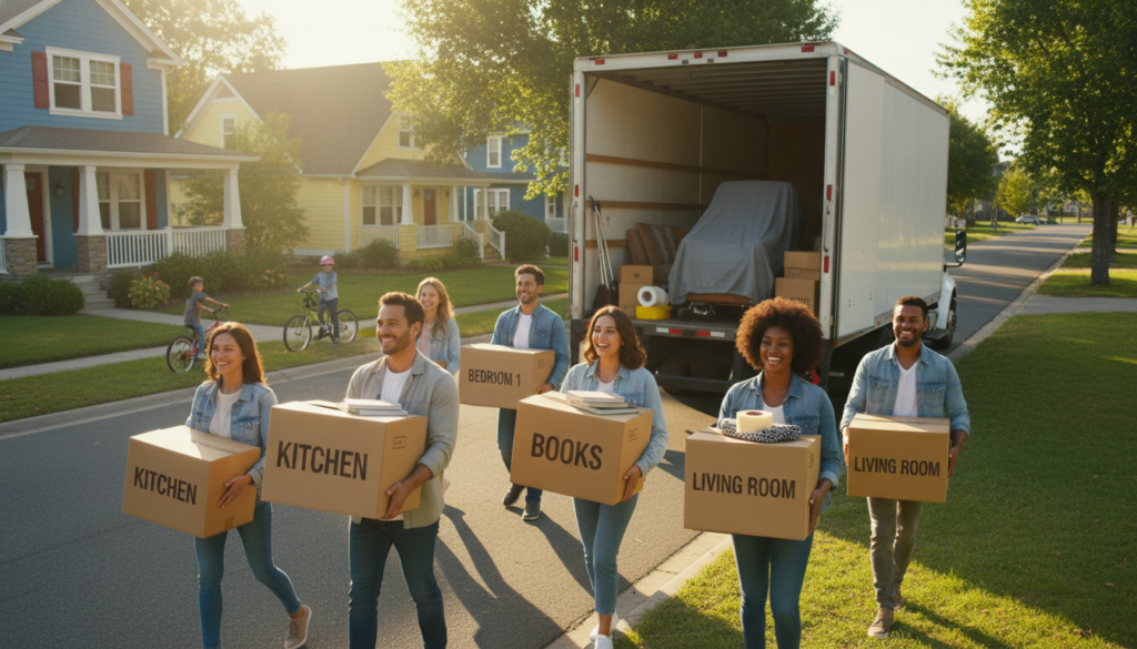 A vibrant and cheerful scene depicting the perfect moving day. In the foreground, a diverse group of individuals in professional casual attire is happily carrying cardboard boxes labeled for organization. In the middle ground, a moving truck is parked with its doors open, revealing well-arranged furniture and moving supplies. Bright sunlight shines down, creating a warm and inviting atmosphere. In the background, a picturesque neighborhood with colorful houses and lush green trees conveys a sense of community. The angle captures the action from a slight high perspective, emphasizing the teamwork and positivity of the day, creating an overall mood of excitement and optimism for the new beginnings that come with moving.