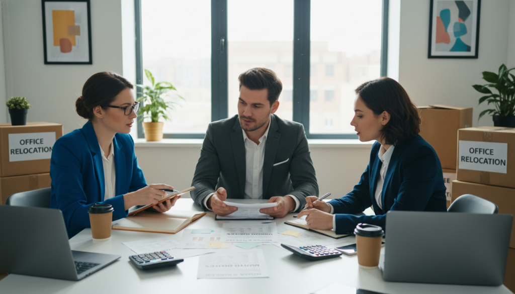 A visually engaging composition showcasing a professional setting where individuals are comparing moving quotes. In the foreground, a diverse group of three people in business attire, including a woman with glasses, a man in a suit, and a woman with a notebook, are gathered around a table covered with printed quotes and calculators, deeply focused and discussing options. In the middle ground, a large window lets in natural light, casting soft shadows on the documents. The background features a modern office with moving boxes stacked neatly, contributing to the theme of relocation. The atmosphere is collaborative and thoughtful, with a hint of urgency in their expressions as they evaluate fixed prices, hourly rates, and hidden costs in their discussion. Use bright, inviting colors and ensure a well-lit, professional environment.