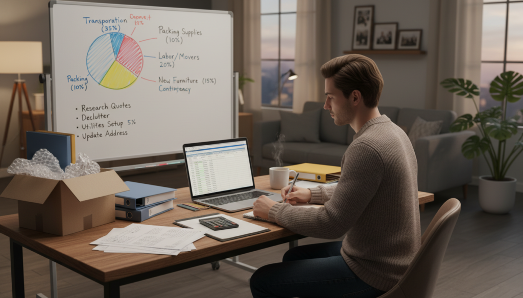A visually engaging illustration depicting a detailed cost and budget planning session for a move. In the foreground, a focused individual in smart casual attire sits at a cluttered desk with a laptop, spreadsheets, and moving boxes, analyzing numbers and jotting down notes. In the middle, there’s a whiteboard featuring a pie chart labeled with various moving expenses, such as transportation, packing materials, and labor costs. In the background, soft lighting highlights a cozy home environment, suggesting a lived-in feel with personal touches like family photos or houseplants. The atmosphere should be one of concentration and preparation, evoking a sense of organization and clarity amidst the chaos of moving.