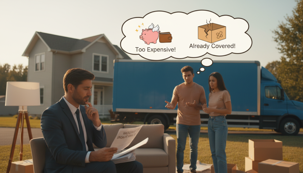 A visually engaging scene depicting common misconceptions about moving insurance. In the foreground, a well-dressed businessperson, with a thoughtful expression, examines a stack of documents labeled "Moving Insurance," surrounded by various household items, such as furniture and boxes. In the middle ground, two friends in modest casual clothing are discussing key myths with puzzled expressions, while a large thought bubble above them illustrates common stereotypes like "it’s too expensive" or "my items are already covered." The background features a moving truck parked outside a home, bathed in soft afternoon sunlight, casting gentle shadows, creating an atmosphere of reflection and clarity. The composition should utilize a warm color palette to evoke a sense of consideration and understanding.