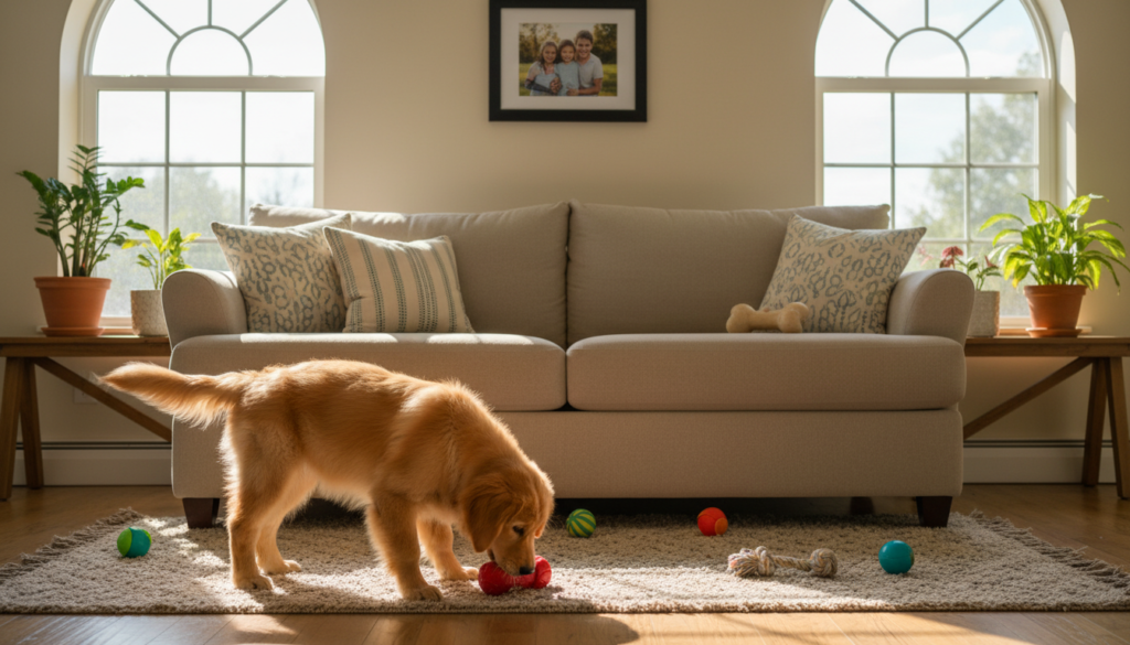 A warm and inviting scene depicting the first moments of a pet entering its new home. In the foreground, a curious dog sniffs around a cozy living room, its tail wagging with excitement. The middle ground features a welcoming sofa with soft cushions and a few pet toys scattered on a colorful rug. In the background, light streams in through large windows, illuminating houseplants and a framed family photo on the wall. The overall atmosphere is one of safety and comfort, suggesting a peaceful transition. The lighting is soft and natural, creating a serene mood. The image captures the essence of a safe, pet-friendly environment, making it an ideal sanctuary for a beloved animal.