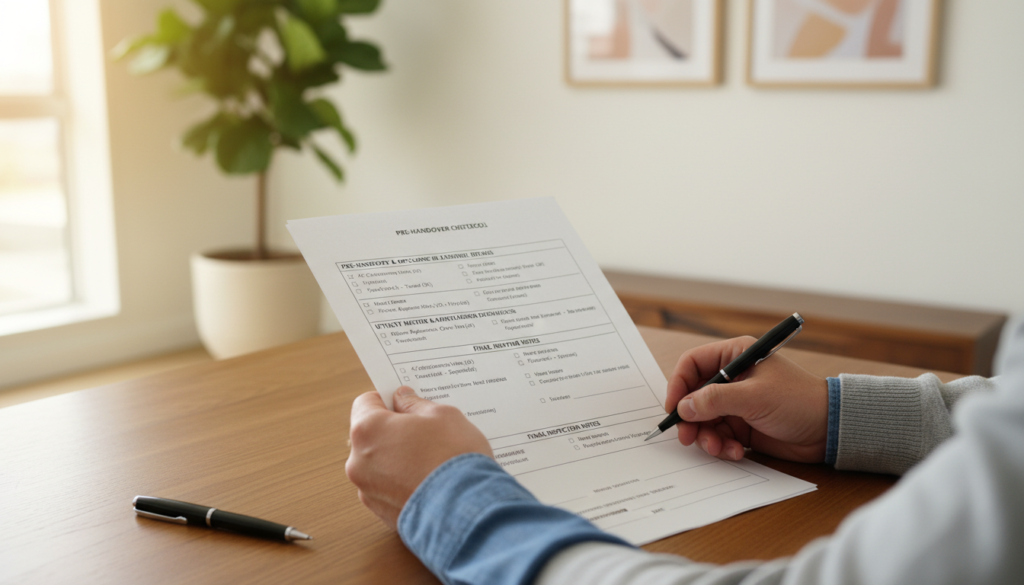 A well-organized and detailed residential handover protocol document displayed prominently on a wooden table. The document is filled with various sections including checklists, details of items inspected, and spaces for signatures, all designed in a professional layout. In the foreground, a pen lies beside the document, reflecting the process of completion. In the middle, a pair of hands, dressed in smart casual attire, holds the document while jotting down notes. The background features a softly lit room with light-colored walls, a potted plant, and minimalistic decorative elements to create a welcoming atmosphere. The warm, natural lighting adds a touch of comfort, evoking a sense of professionalism and organization suitable for a handover process.