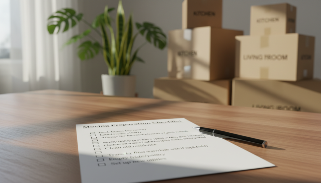 A well-organized checklist for moving preparation, placed on a wooden table. In the foreground, the checklist features bullet points detailing tasks like packing boxes, notifying utilities, and scheduling a final walkthrough. A pen lies beside the checklist, ready for use. In the middle, soft sunlight filters through a nearby window, casting gentle shadows that enhance the warm ambiance of the room. The background showcases neatly stacked moving boxes and a couple of green indoor plants, adding a touch of life to the scene. The overall atmosphere is calm and focused, reflecting a productive and organized preparation process for moving out. The camera angle is slightly above the table, capturing the checklist prominently, with a shallow depth of field to create a soft focus on the background.