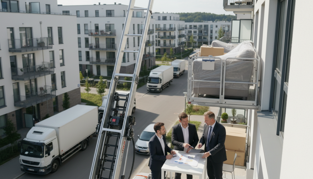 A well-organized scene representing the factors affecting möbellift prices, showcasing a professional environment. In the foreground, a distinct möbellift in action, lifting furniture, emphasizing its mechanical features. The middle layer includes a group of diverse professionals in business attire discussing logistics, with a clipboard and tablet in hand, analyzing pricing factors. In the background, a cityscape with residential buildings and moving trucks, illustrating urban settings where möbellifts are commonly used. The lighting is bright and natural, suggesting a clear, sunny day. A balanced perspective achieved through a slight aerial angle captures both the möbellift in operation and the professionals engaged in conversation, creating a focused and informative atmosphere. The image conveys a sense of efficiency and expertise in the furniture moving process. A well-organized scene representing the factors affecting möbellift prices, showcasing a professional environment. In the foreground, a distinct möbellift in action, lifting furniture, emphasizing its mechanical features. The middle layer includes a group of diverse professionals in business attire discussing logistics, with a clipboard and tablet in hand, analyzing pricing factors. In the background, a cityscape with residential buildings and moving trucks, illustrating urban settings where möbellifts are commonly used. The lighting is bright and natural, suggesting a clear, sunny day. A balanced perspective achieved through a slight aerial angle captures both the möbellift in operation and the professionals engaged in conversation, creating a focused and informative atmosphere. The image conveys a sense of efficiency and expertise in the furniture moving process.